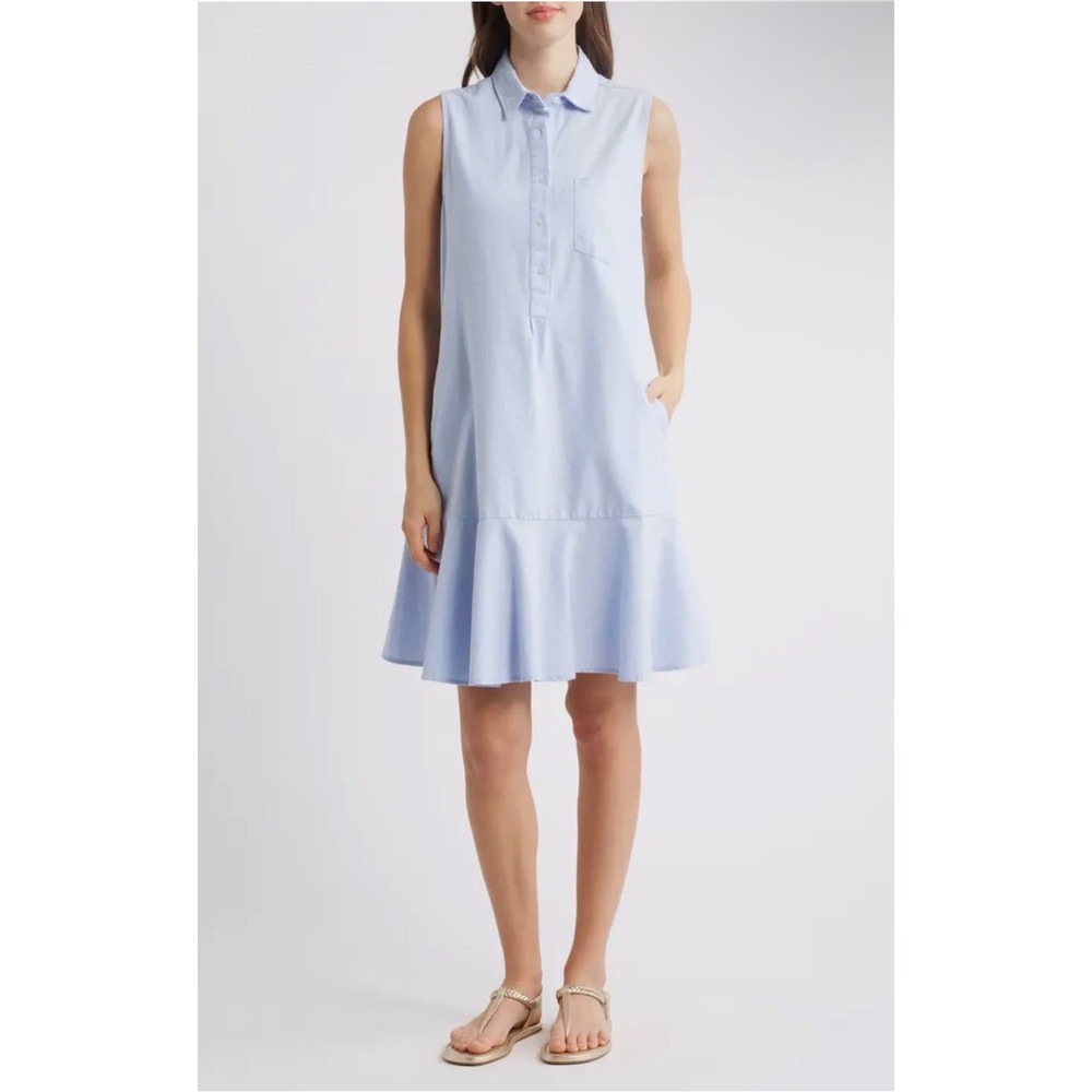 Beachlunchlounge Marina Cotton Oxford Sleeveless Striped Shirt Dress Ruffle Sz L